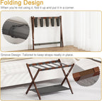 BAMBOOHOMIE Bamboo Luggage Rack for Guest Room, 26.77" Folding Wide Suitcase Stand with Fabric Storage Shelf, Thickened Luggage Stand Holder for Bedroom Hotel, Luggage Rack for Suitcases (1 Pack - Brown)