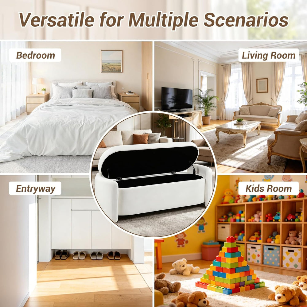 Oval White Velvet Storage Ottoman Bench, 48.8" | Velvet Upholstered Otto...
