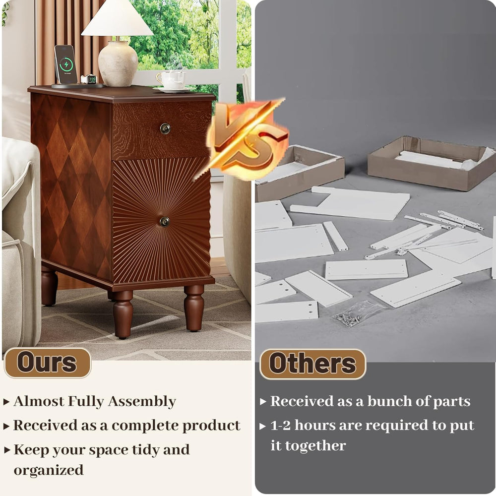 Wood End Table with Charging Station, Fully Assembled Slim Side Table with Dr...