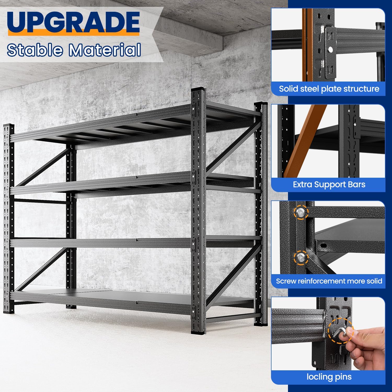 MIIIKO 60" W Storage Shelves,4800LBS Metal Garage Storage Shelving,Heavy Duty Adjustable Unit Storage Shelves for Warehouse,Basement,60" W x 24" D x 70" H,Black