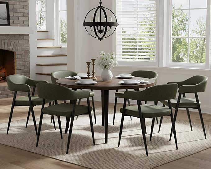 HNY Modern Dining Room Arm Chairs Set of 2, Green Retro Faux Leather Upholstered Barrel Dining Chairs with Arms Mid-Century Accent Chair with Metal Legs, Open-Back Kitchen Side Chairs for Living Room