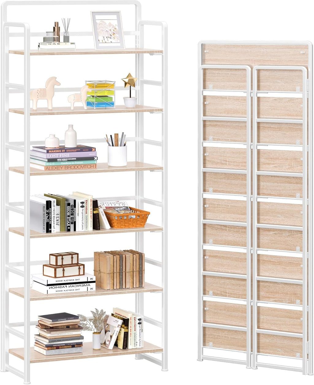 4NM No Assembly 6 Tiers Folding Bookshelf Storage Shelves Vintage Bookcase Standing Racks Study Organizer Home Office (Natural White)