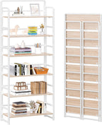 4NM No Assembly 6 Tiers Folding Bookshelf Storage Shelves Vintage Bookcase Standing Racks Study Organizer Home Office (Natural White)
