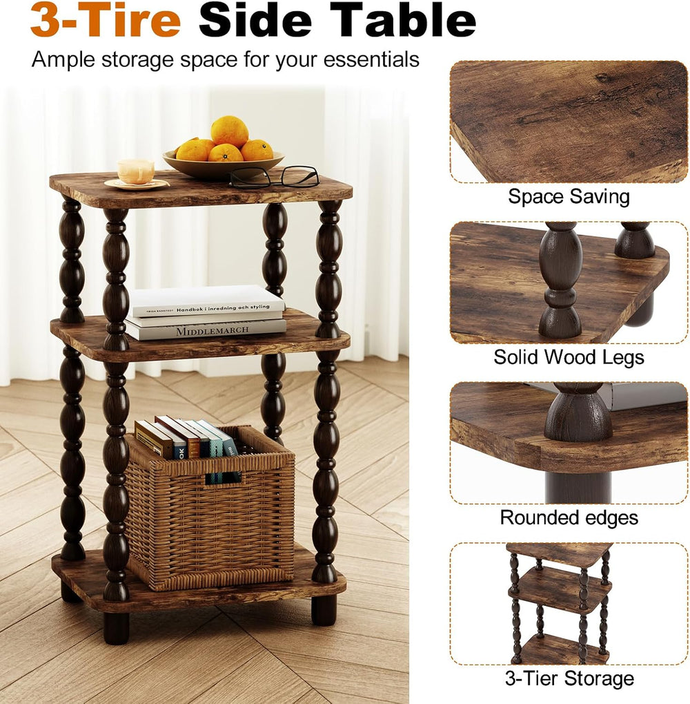 Retro End Table, 3-Tier Small Side Table, Narrow Couch Side Table for Small S...