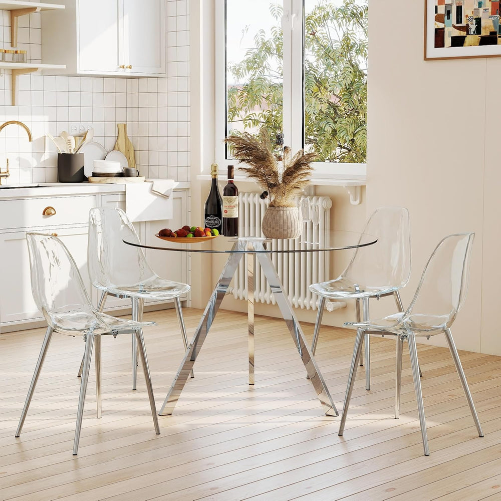 Round Dining Table Set for 4, 39" Clear Tempered Glass Table with Sliver...