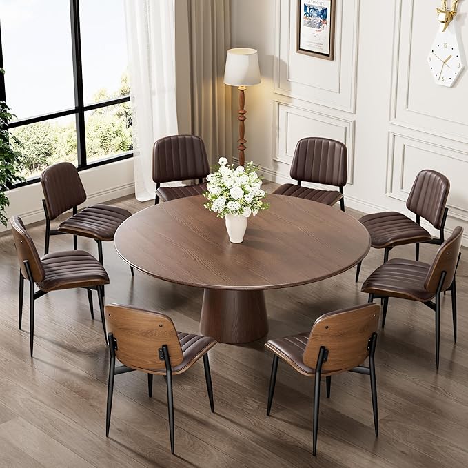 Dining Chairs Set of 4, Mid-Century Modern Upholstered PU Leather Chairs with Walnut Bentwood Back and Metal Legs Adjustable Feet for Kitchen Dining Living Room, Dark Brown Vertical Stripes