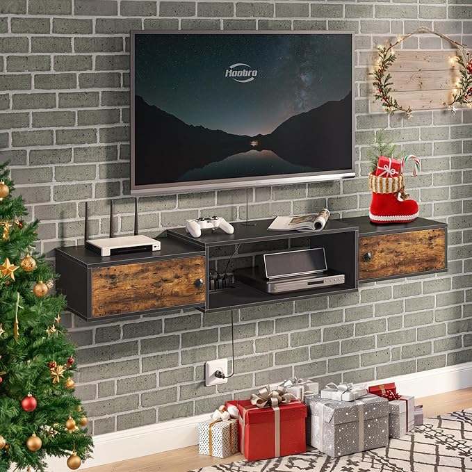 HOOBRO 55" Floating TV Stand with Power Outlet, Modern Wall Mounted Medi...