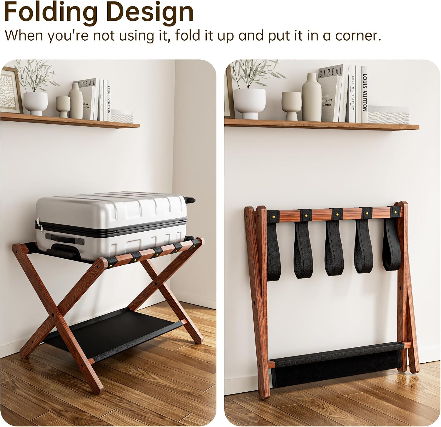 FLYJOE Luggage Rack, Solid Oak Wood Folding Suitcase Stand with Storage Shelf, Luggage Stand with Leather Straps for Guest Room, Bedroom, Hotel, Set of 2, Walnut