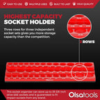 Olsa Tools Magnetic Socket Organizer (3/8-Inch Drive, 3 Row) - Magnetic Tool Organizer & Holder - SAE Red - Holds 39 Sockets - Professional Grade - Part: 1547