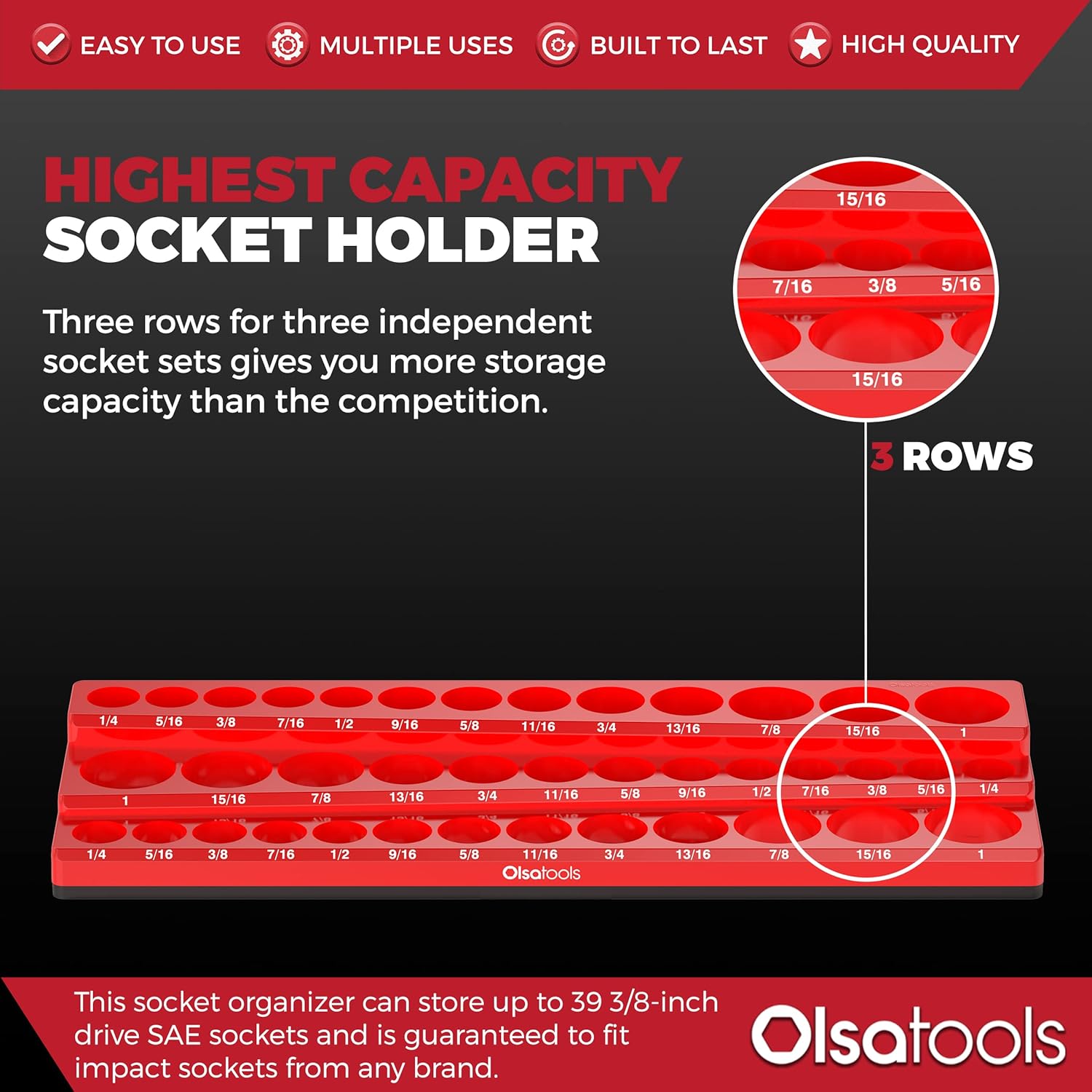 Olsa Tools Magnetic Socket Organizer (3/8-Inch Drive, 3 Row) - Magnetic Tool Organizer & Holder - SAE Red - Holds 39 Sockets - Professional Grade - Part: 1547
