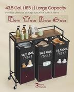 VASAGLE Laundry Sorter, 43.5 Gal. (165 L) Laundry Hamper Basket with 3 Compartments, Rolling Cart with Wheels, Shelf, Removable Bags, Pockets, Ink Black and Rustic Brown UBLH031B01