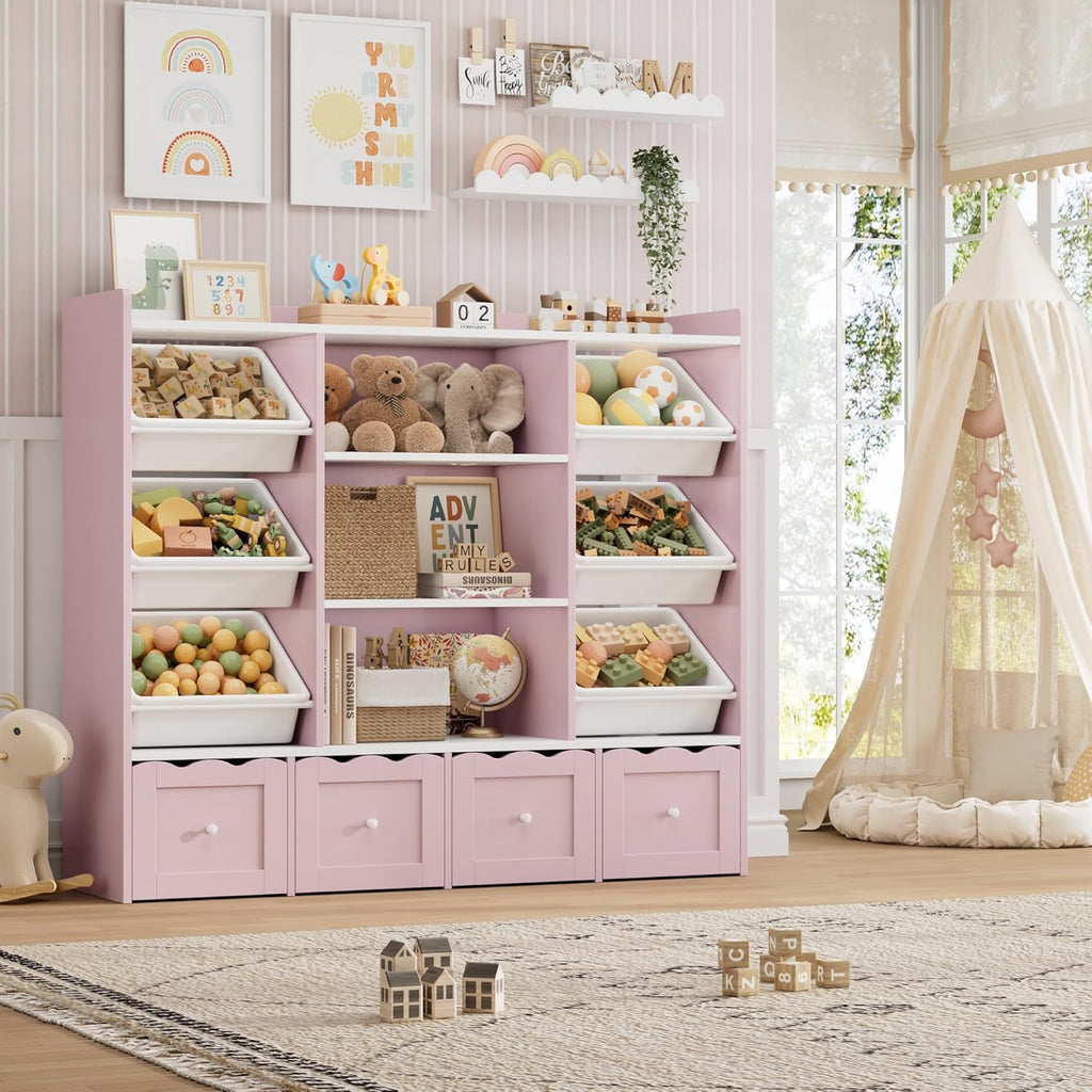 HITHOS 55" W Kids Toy Storage Organizer, Large Toy Box with Bookshelf, Toy Chest with 3 Cubes Storage Organizer, 6 Toy Organizers and Storage Bins, 4 Rolling Drawers for Kids Room, Playroom, Pink