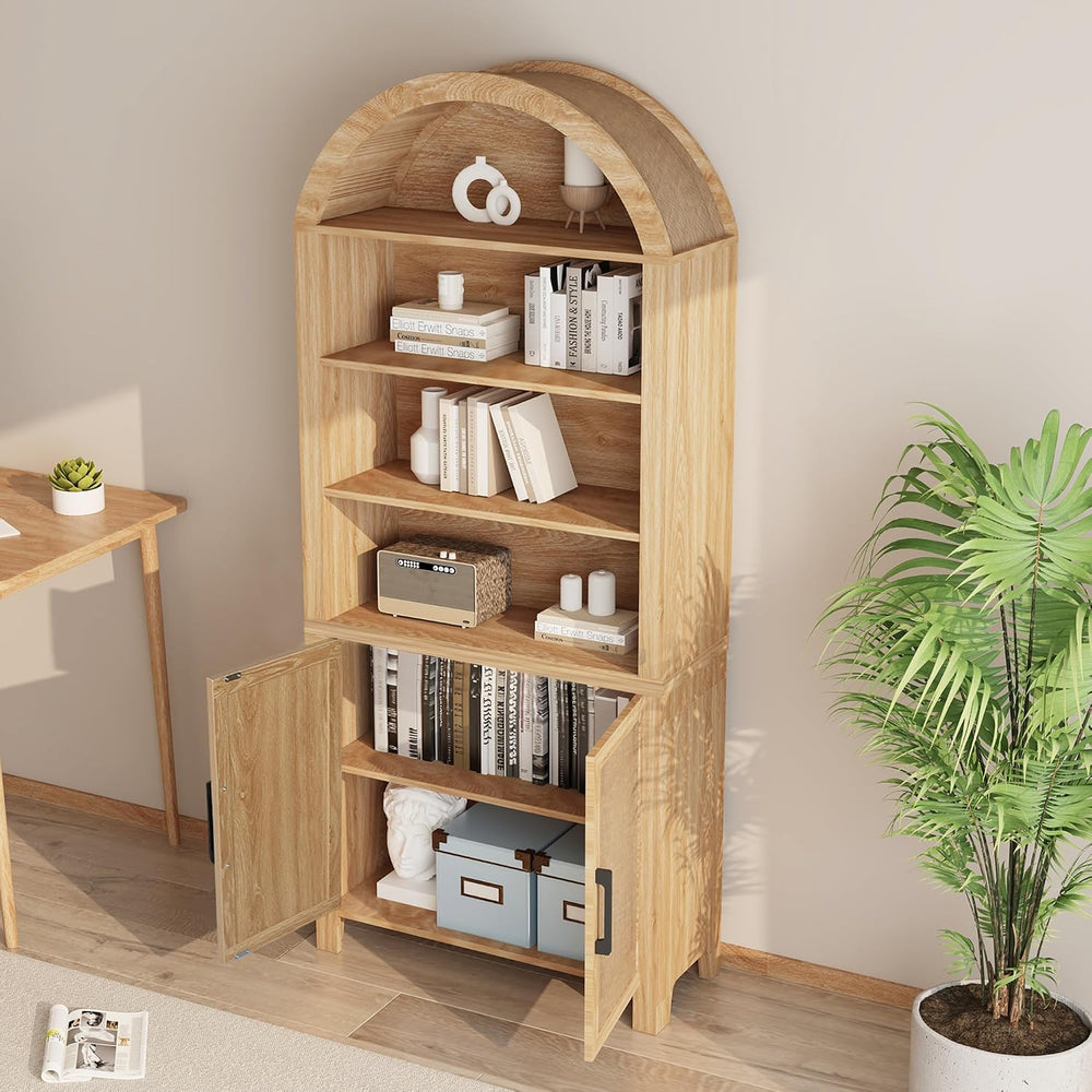 Janmer Home 71" Tall Boho Rattan Arched Bookcase with Doors, Natural