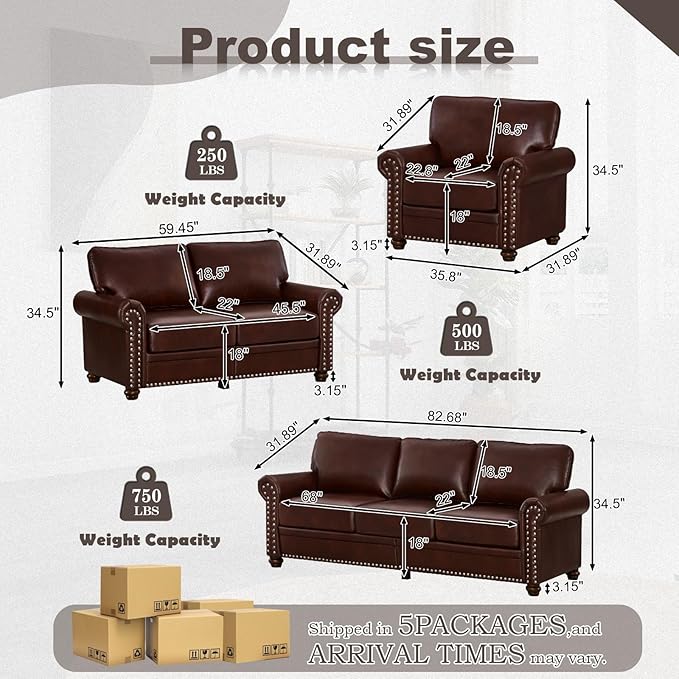 3 Piece Faux Leather Sofa Set,Mid Century Modern Couch and Loveseat Sets with...