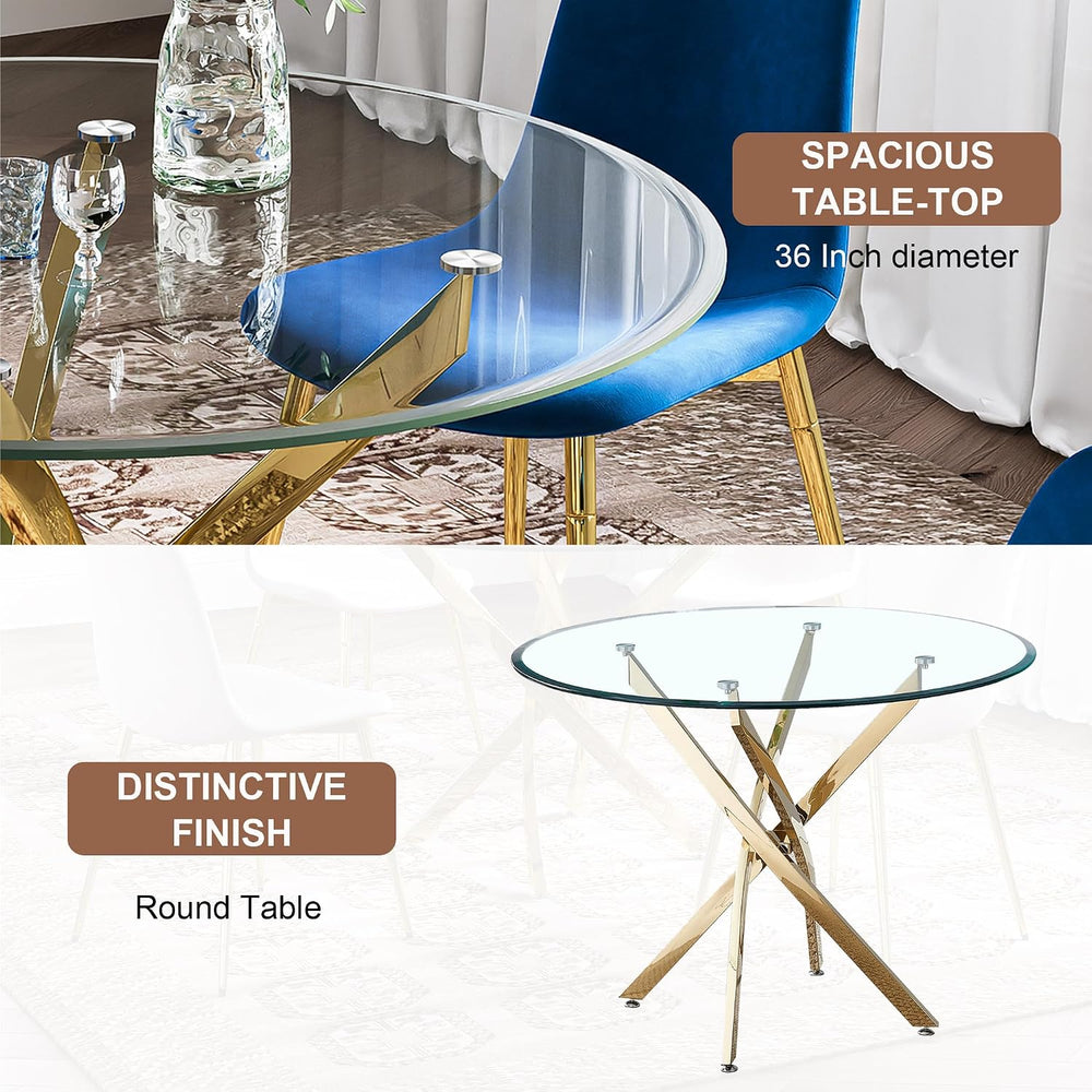 5-Piece Glass Dining Table Set, Modern Round Gold Dining Room Set with Temper...