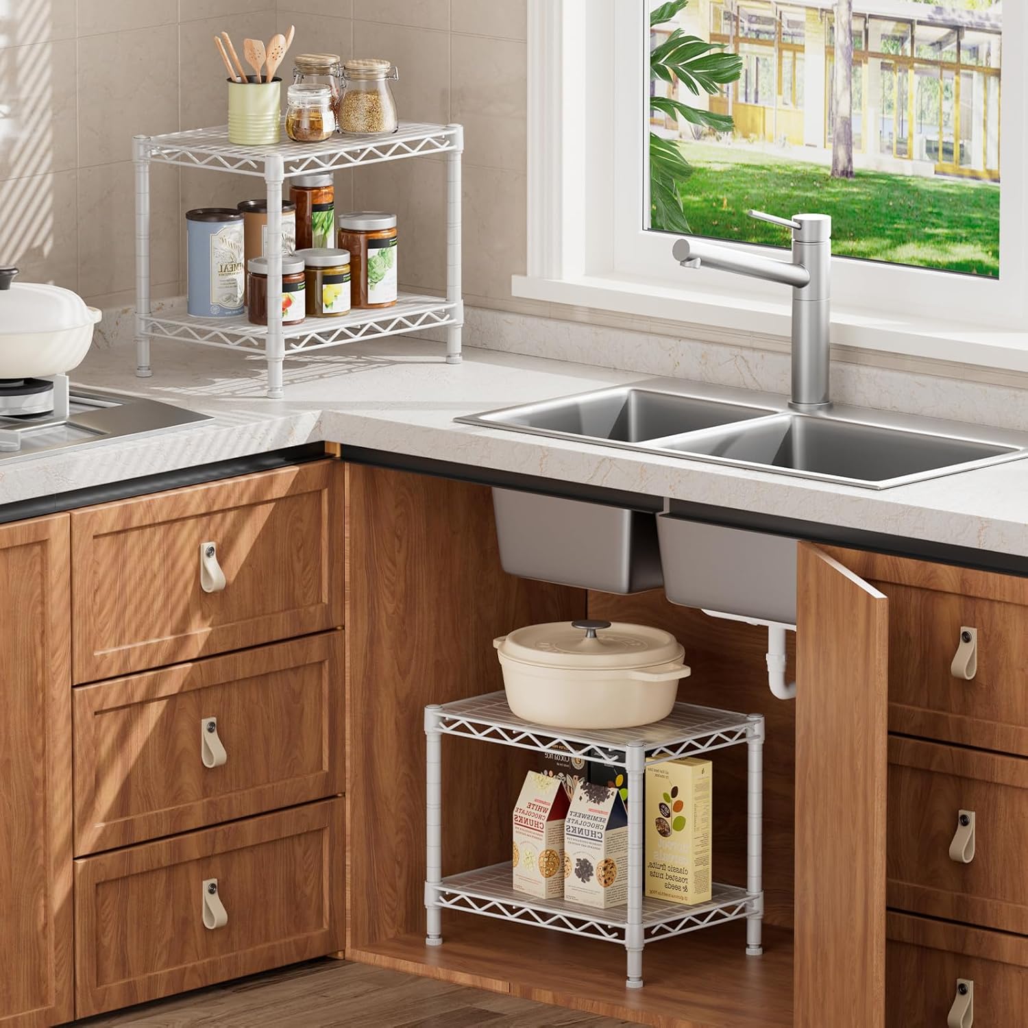 SINGAYE 2 Small Shelves Kitchen Storage Shelf Wire Shelving Unit Metal Shelf Adjustable Organizers Storage Shelving for Office Pantry White 12" D X 18" W X 12" H