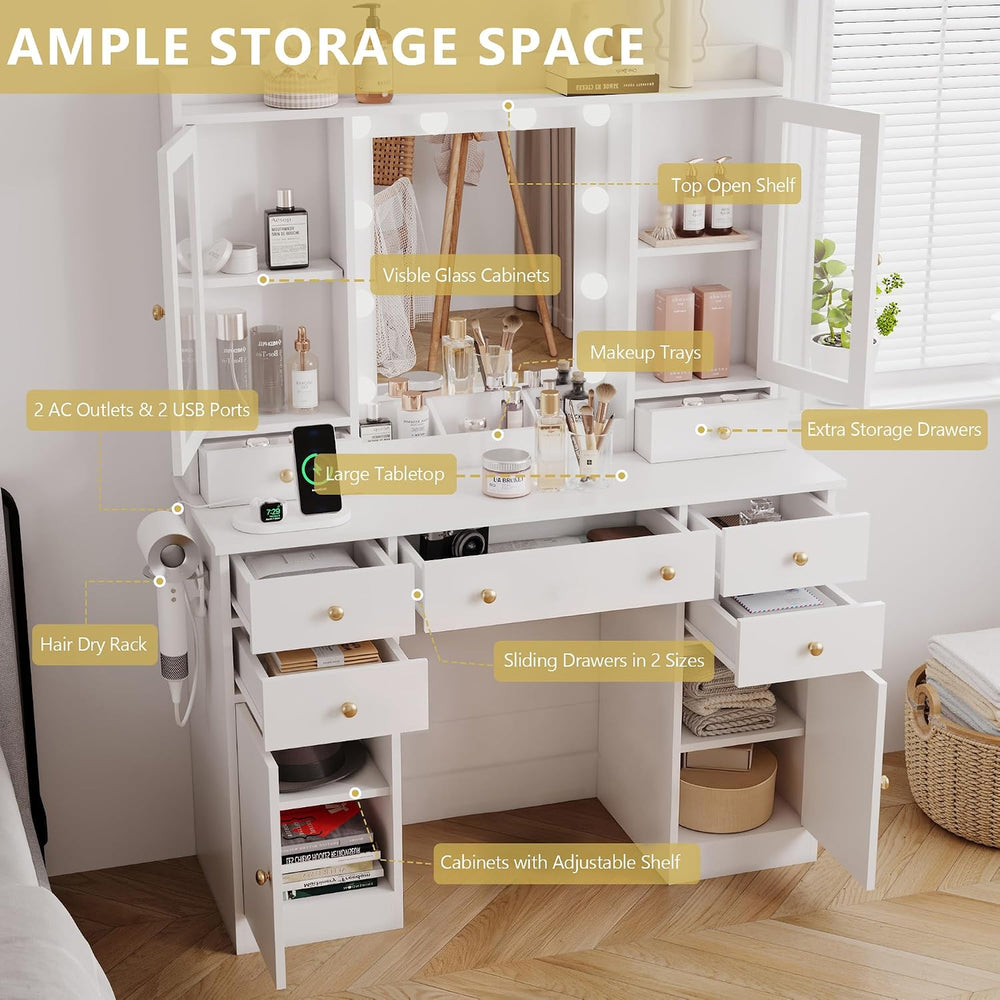 Xixini 44" Vanity Desk with Mirror & Lights, Glass Storage Cabinets,...