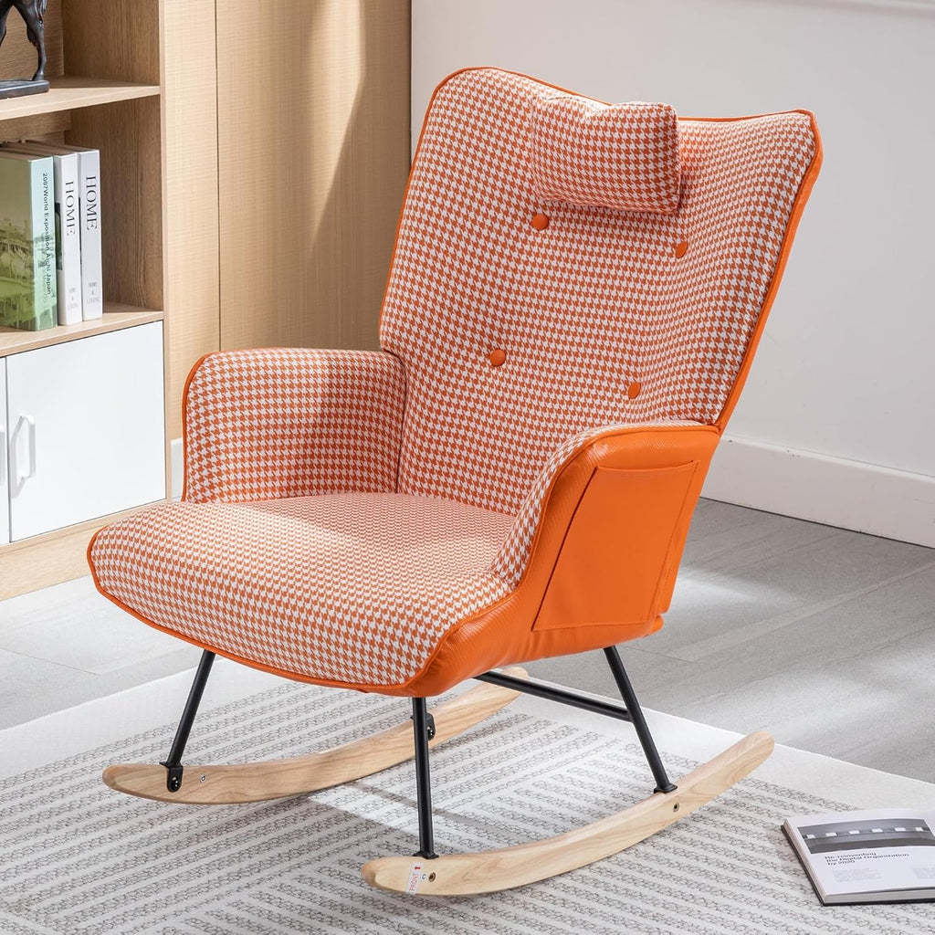 35.5” Nursery Rocking Chair Cotton Linen Upholstered Glider Chair with High Backrest Armchair for Living Room Bedroom Orange