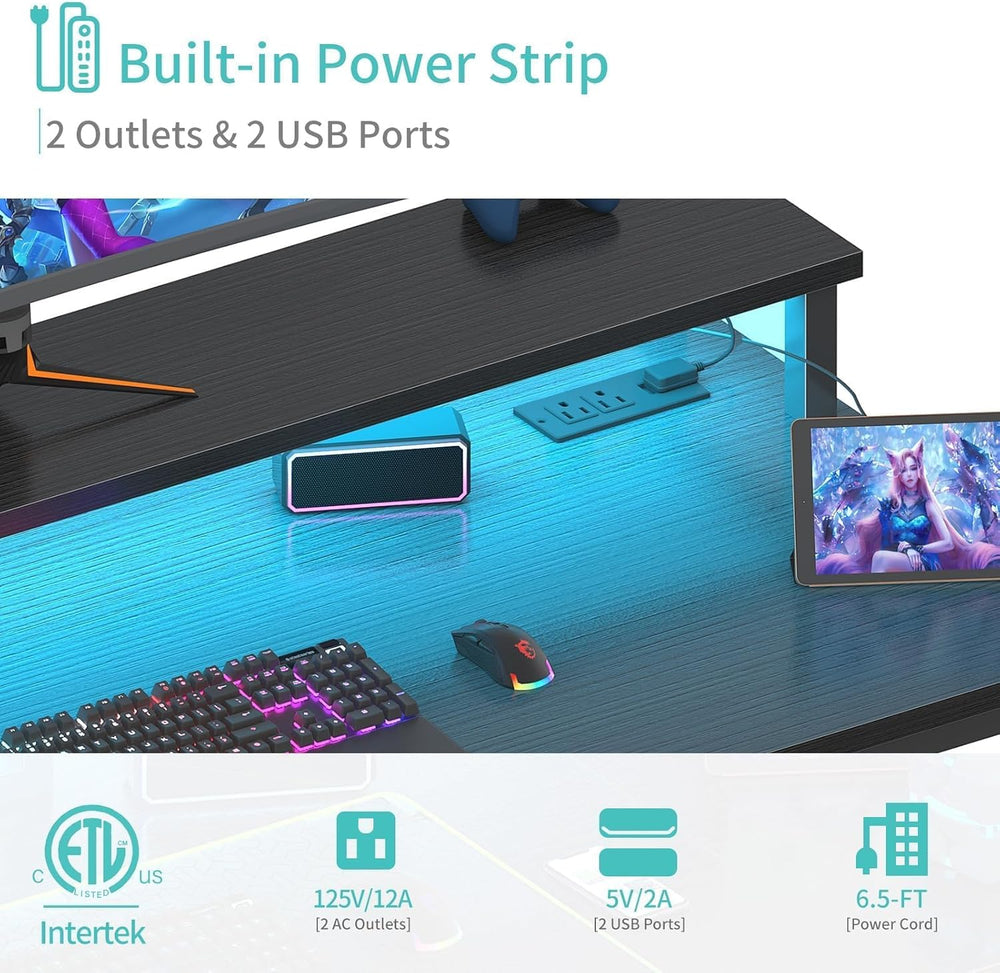 Lufeiya Black Gaming Desk with LED Lights and Power Outlets, 40 Inch Teen Wri...