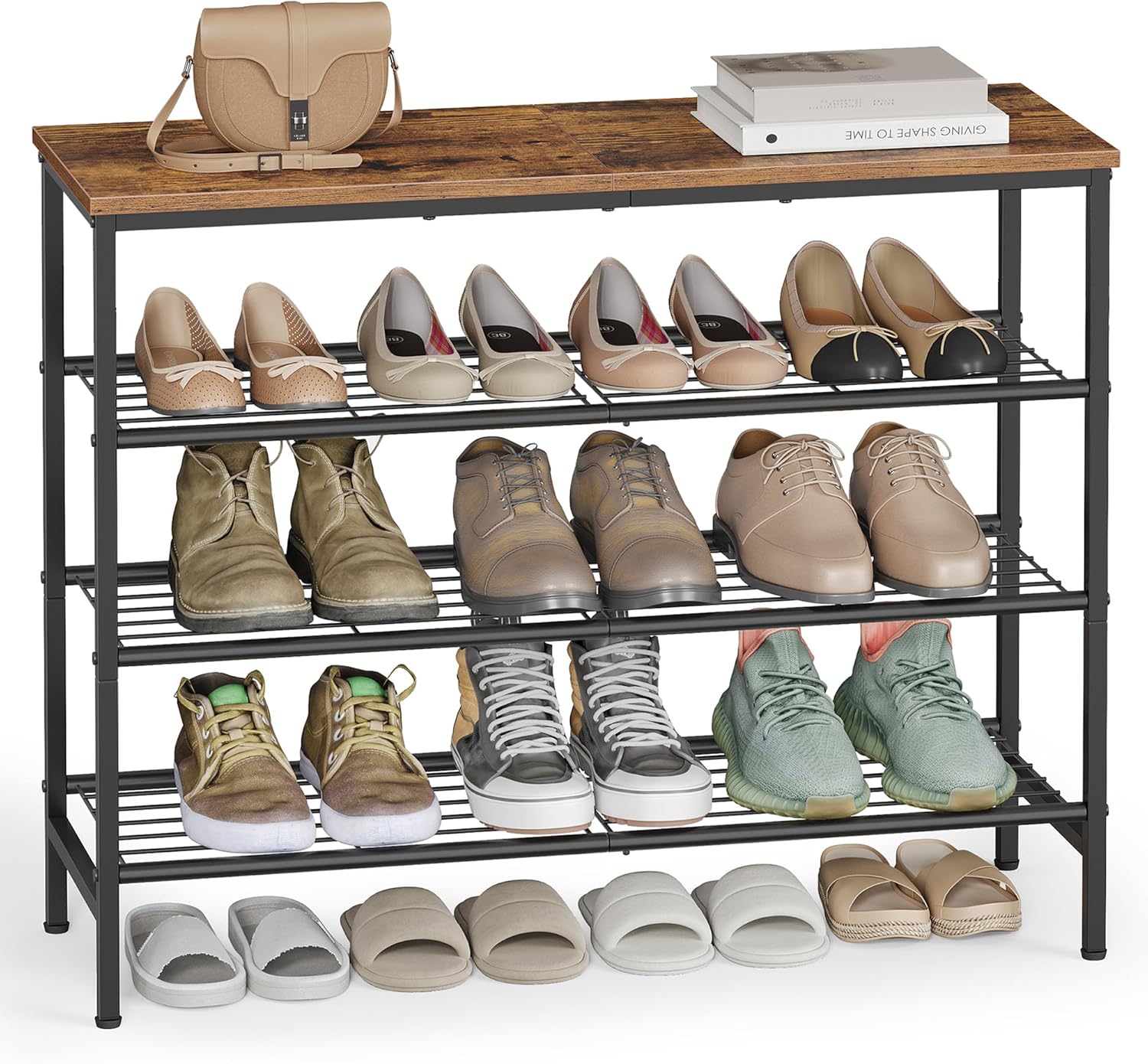 VASAGLE Shoe Rack, Shoe Storage Rack for Closet, Entryway, Living Room, Free Standing Metal Organizer Shelf, 4 Tiers, 11.8 x 29.5 x 27.2 Inches, for 12–16 Pairs, Rustic Brown and Ink Black ULBS049KD01