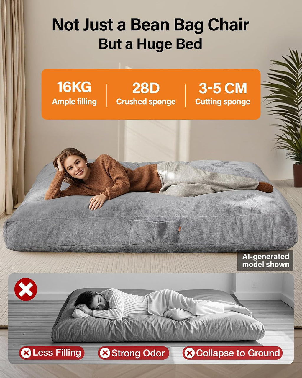 YEFU Bean Bag Chair for Adults: 4-in-1 Convertible Giant Bean Bag Bed, Overstuffed Memory Foam Floor Couch with Two Machine Washable Covers, Large Chair Bed for Living Room Bedroom, Full Grey