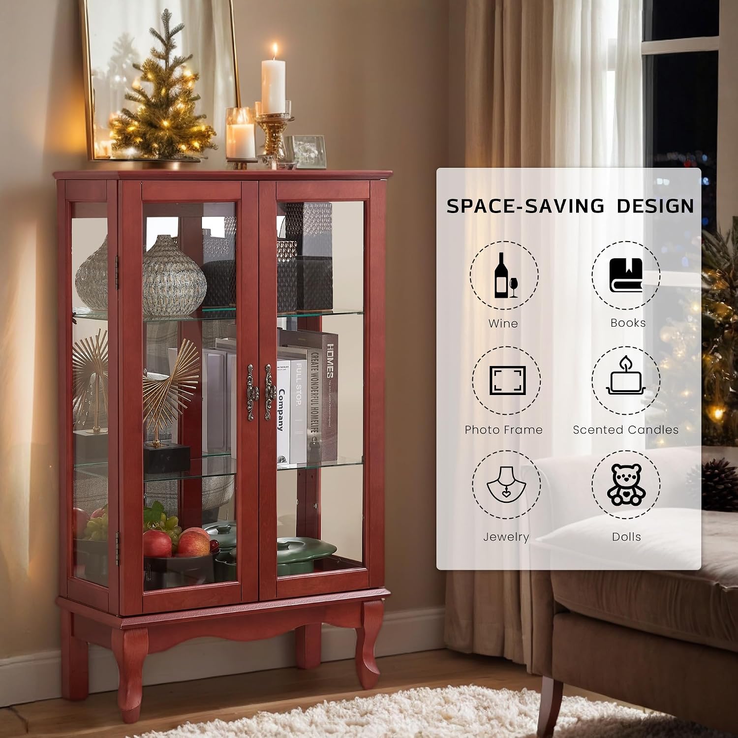 44" Small Lighted Glass Accent Curio Cabinet, Vintage China Cage with 2 Tempered Glass Doors & Adjustable Shelves, Acrylic Mirrored Pane, Elegant Wine Artwork Showcase Rack for Living Room (Cherry)