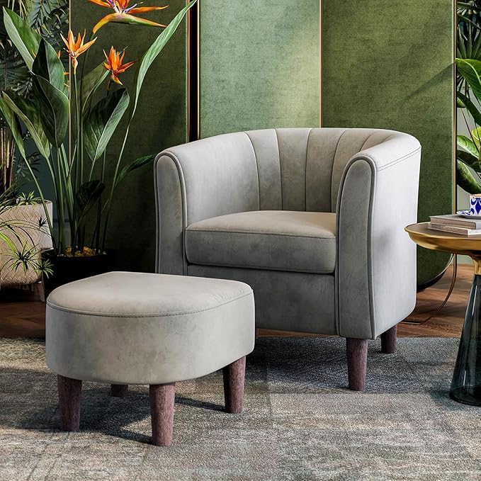 LINSY Accent Chair with Ottoman, Modern Barrel Chair Small Armchair Reading Chair with Footrest, Comfy Round Arms Chair for Living Room Bedroom Reading Room, Velvet, Grey