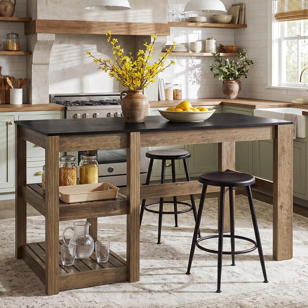 Tribesigns 55" Kitchen Island with Storage Shelves, Rustic Brown and Bla...