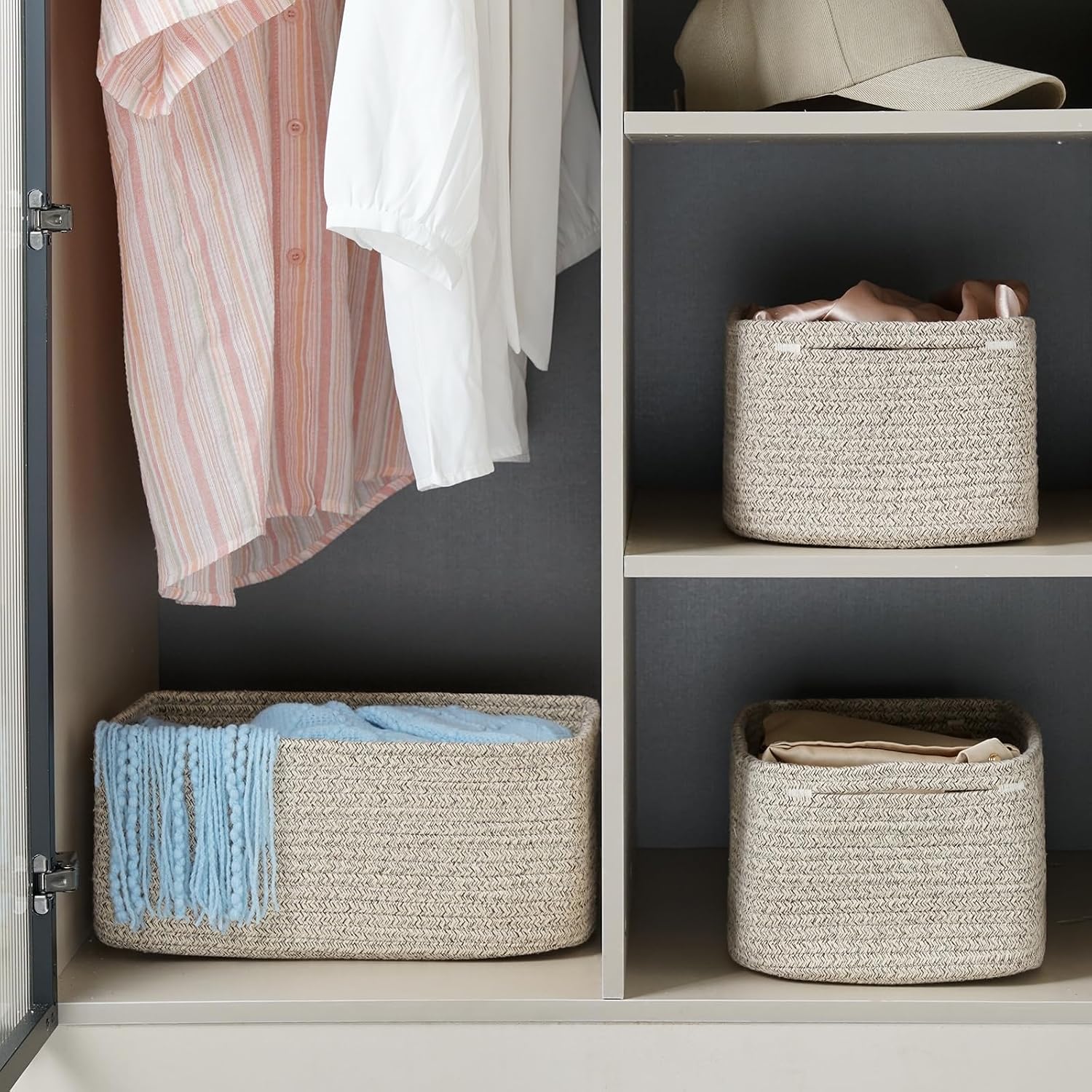 3 Pack Storage Baskets for Organizing, 13.7×9.5×6.3", Mixed brown | Woven Baskets for Shelves, Cotton Rope Basket for Gifts Empty, Closet Organizer Bins with Handles, Cube Decorative Box