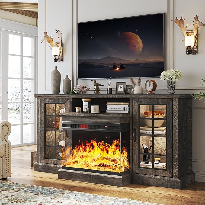 oneinmil 59'' Fireplace TV Stand, 3 Sided Glass Media Entertainment Center Console Table for TVs up to 65'' with Glass Door Adjustable Flame LED Color for Living Room, Set of TV Table, Grey
