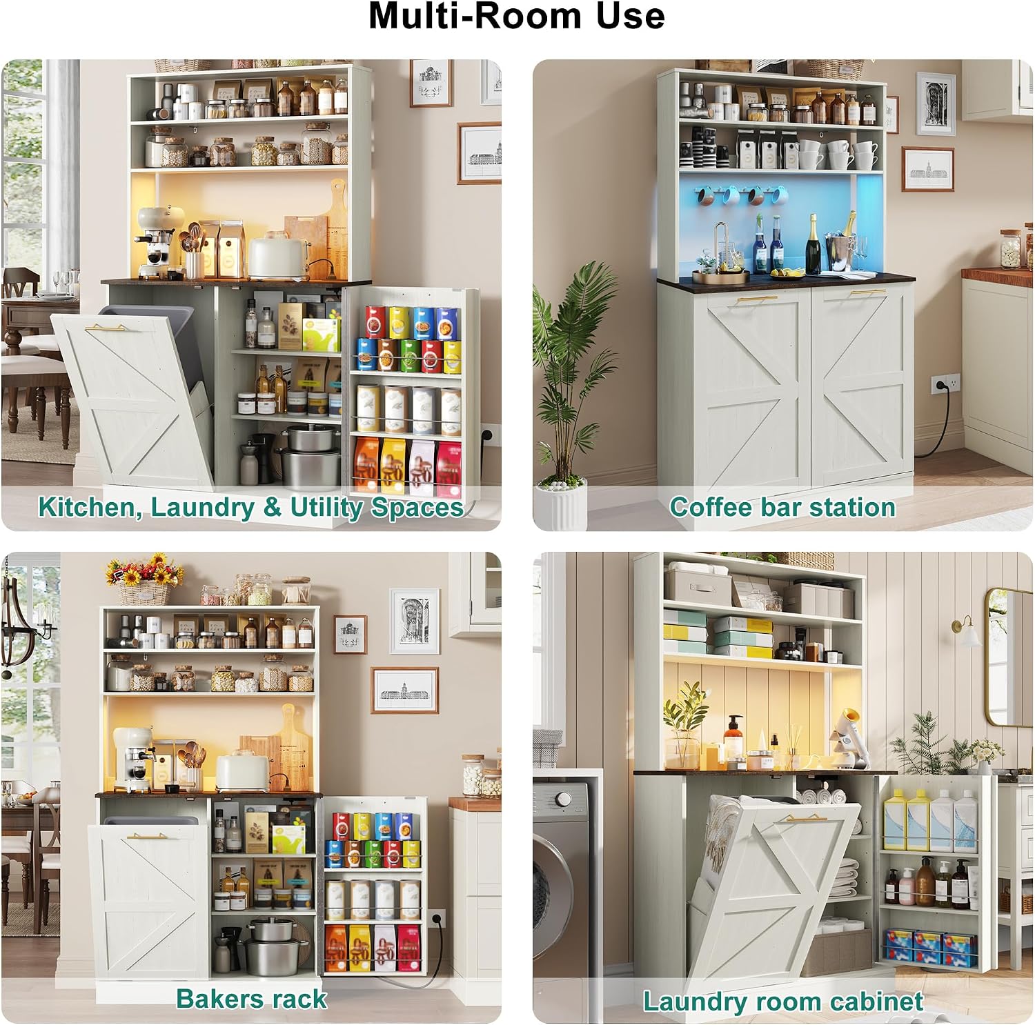63" H Pantry Cabinets with 10 Gallon Trash Can,Led Light,Outlet,35" W Kitchen Hutch with Tilt Out Trash Can Cabinet,Farmhouse Cupboard with Large Countertop for Living Room,Dining Room,Antique White