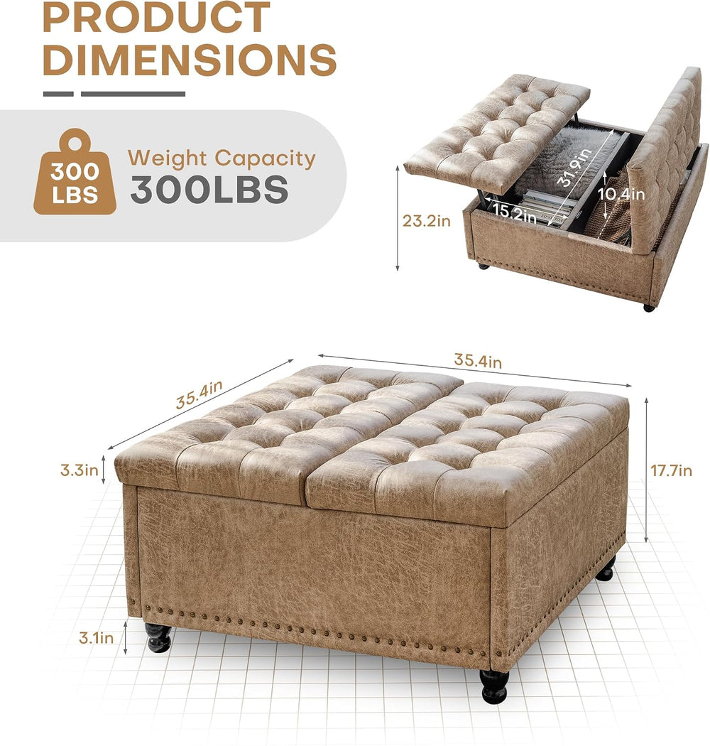 Redlife 35 Inch Large Square Storage Ottoman, Coffee Table Ottoman, Faux | Li...