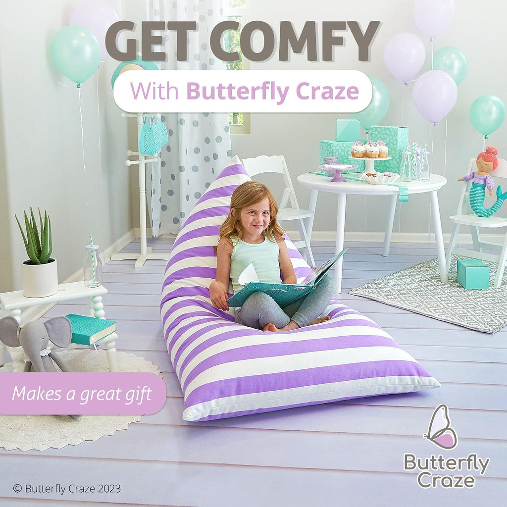 Butterfly Craze Stuffed Animal Storage Bean Bag Chair Cover - 861.64 L Purple Stripes - Extra-Large Floor Lounger & Toy Organizer - Bean Bag Chairs for Kids - Machine-Washable Canvas