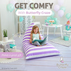 Butterfly Craze Stuffed Animal Storage Bean Bag Chair Cover - 861.64 L Purple Stripes - Extra-Large Floor Lounger & Toy Organizer - Bean Bag Chairs for Kids - Machine-Washable Canvas
