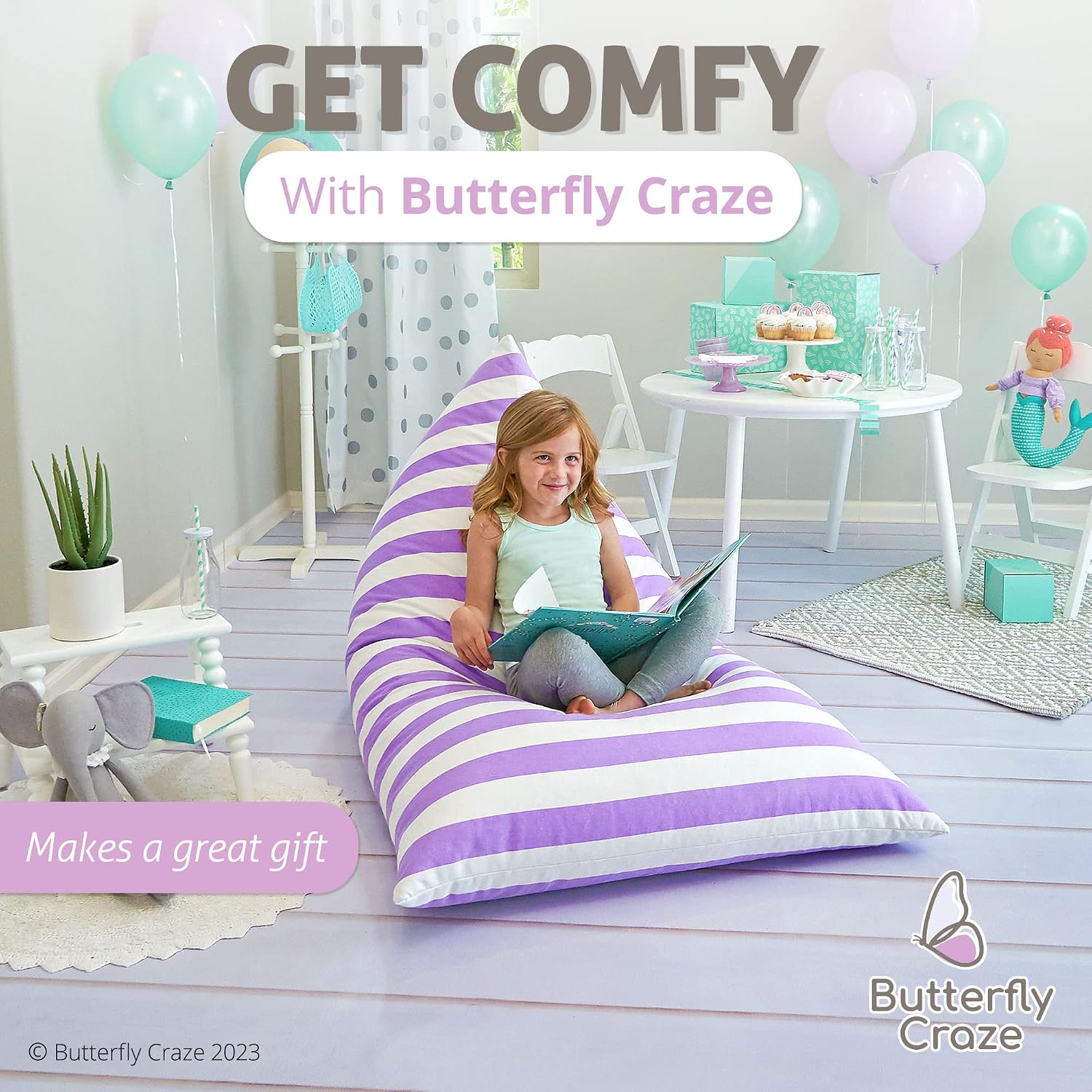 Butterfly Craze Stuffed Animal Storage Bean Bag Chair Cover - 861.64 L Purple Stripes - Extra-Large Floor Lounger & Toy Organizer - Bean Bag Chairs for Kids - Machine-Washable Canvas