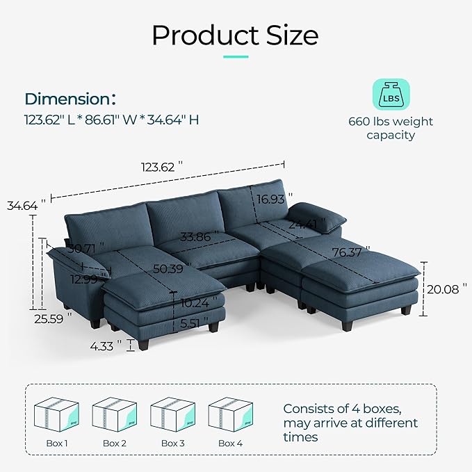 LINSY HOME Modular Sectional Sofa - 123 Inch Oversized Corduroy Cloud Couch with Movable Ottoman Soft Modern Comfy Sofa Set for Living Room Apartment Office, Blue