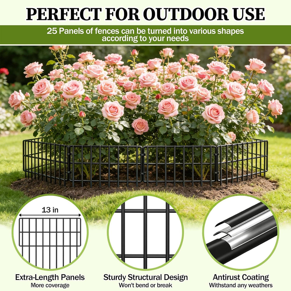 17in (H) x 27ft (L) Garden Fence Animal Barrier, 25 Panels Decorative Garden ...