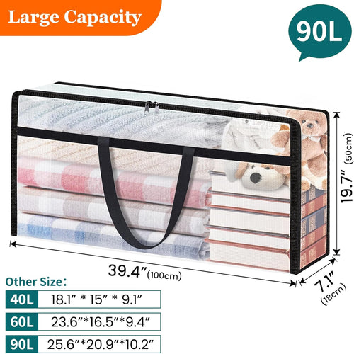 4 Pack Long Clear Storage Bags for Comforter, Clothes & Bedding, Plastic Blanket Storage with Zipper and Handle, Moving Bags, Closet Organizer and Under-Bed Storage (90L, 39.4"*7.1"*19.7")