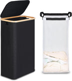efluky Slim Laundry Basket with Lid, Narrow Laundry Hamper with Removable Bag, Skinny Dirty Clothes Basket with Bamboo Handles for Bathroom, Bedroom & Laundry Room, 75L Black