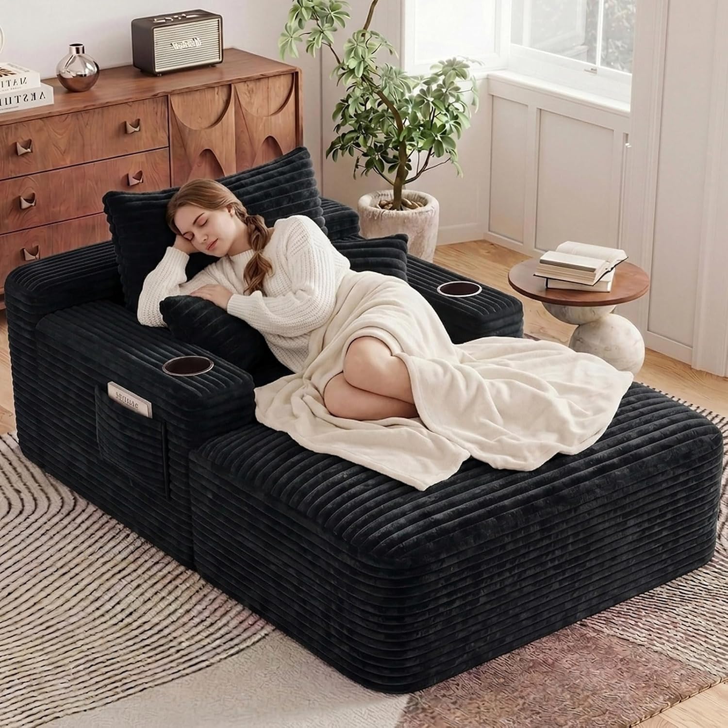65" Oversized Chaise Lounge Chair Indoor, Boneless Chaise Lounge Chair with Cup Holders Side Pockets 3 Pillows, Cloud Corduroy Chaise Sofa Bed Sleeper Couches for Living Room No Assembly Require,Black