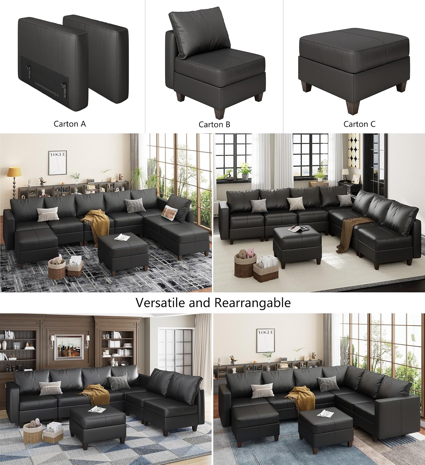 EASE MOOSE Faux Leather Sectional Couch with Storage,Black U Shaped Faux Leather Modualr Sofa Couch，with Storage