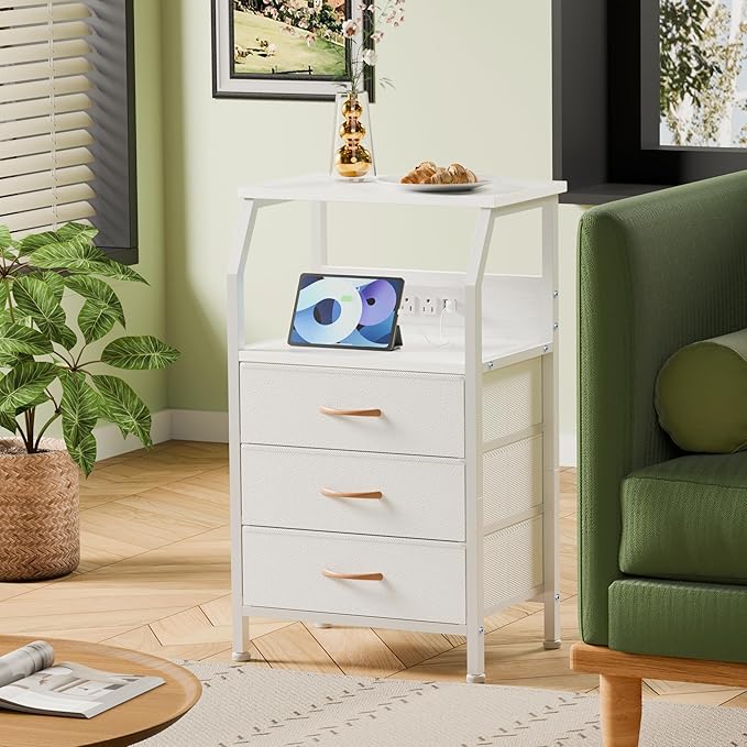 Furnulem Night Stand with Charging Station, 28.3 Inch Tall Bedside Table with...
