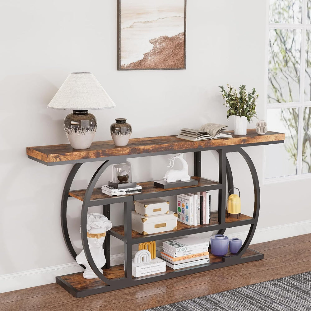 63" Narrow Console Table with Storage, 4-Tier Sofa Table Behind Couch, I...