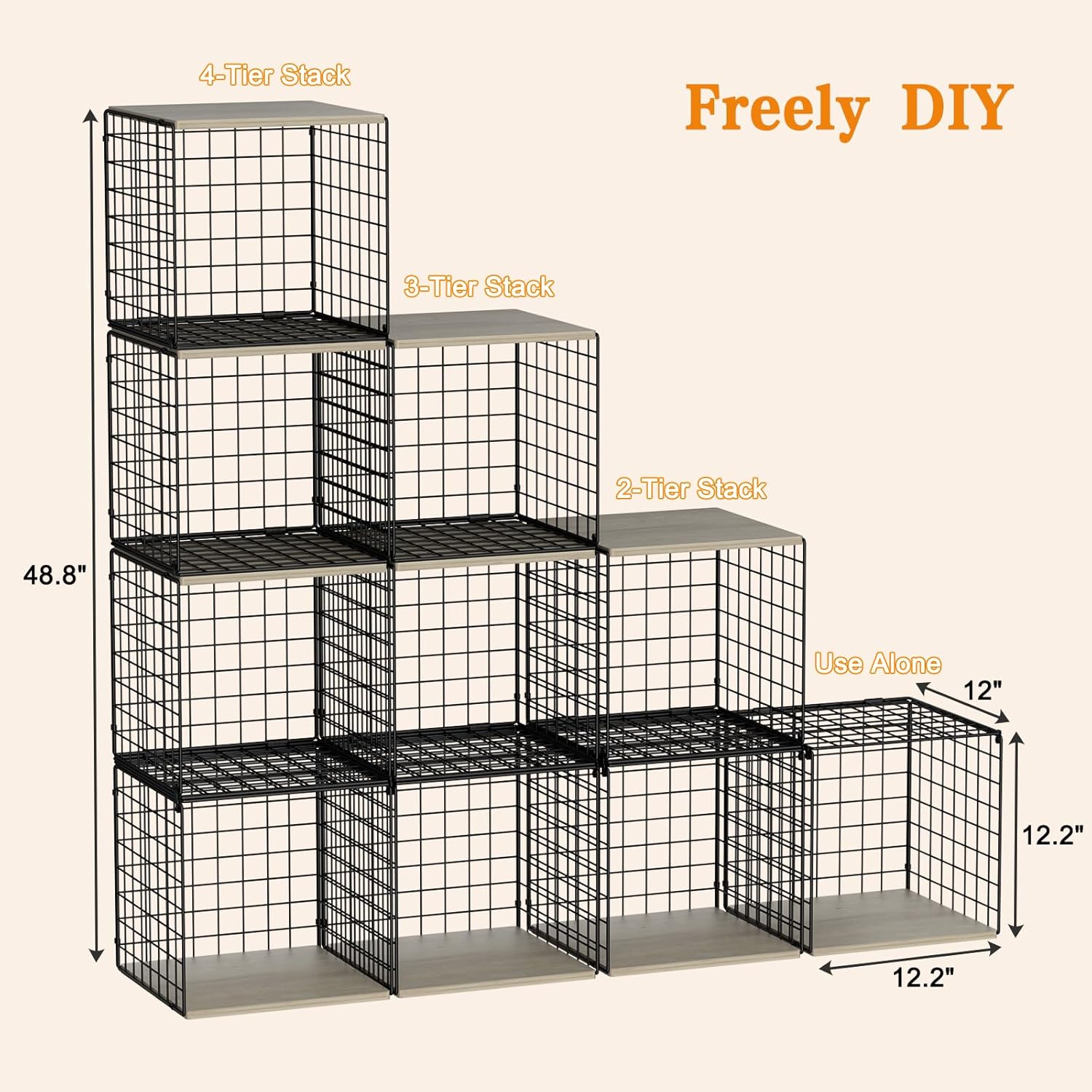 4-Tier Stackable Closet Organizers and Storage Basket, Shelves with Wood Top, Foldable Clothes Storage Bin/Cube Drawer Organizer for Wardrobe, Space-Saving, Closet Organization,Black(Patent Pending) ﻿