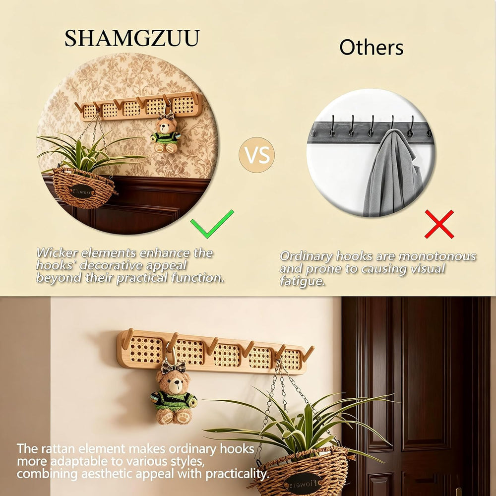 Wall Mount Coat Rack, 17in Sturdy Modern Rattan Hooks Set of 2