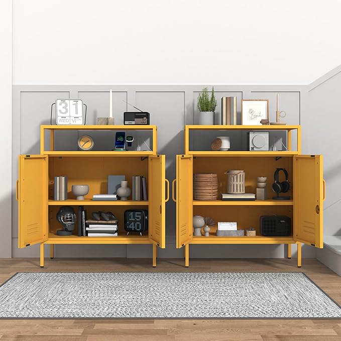 Multifunctional Lockable Storage Cabinet, 3-Tier Side Cabinet with Power Strip & USB Ports, Adjustable Shelf, for Living Room, Home, Office, Yellow 33" H X 29.5" W X 13.8" D