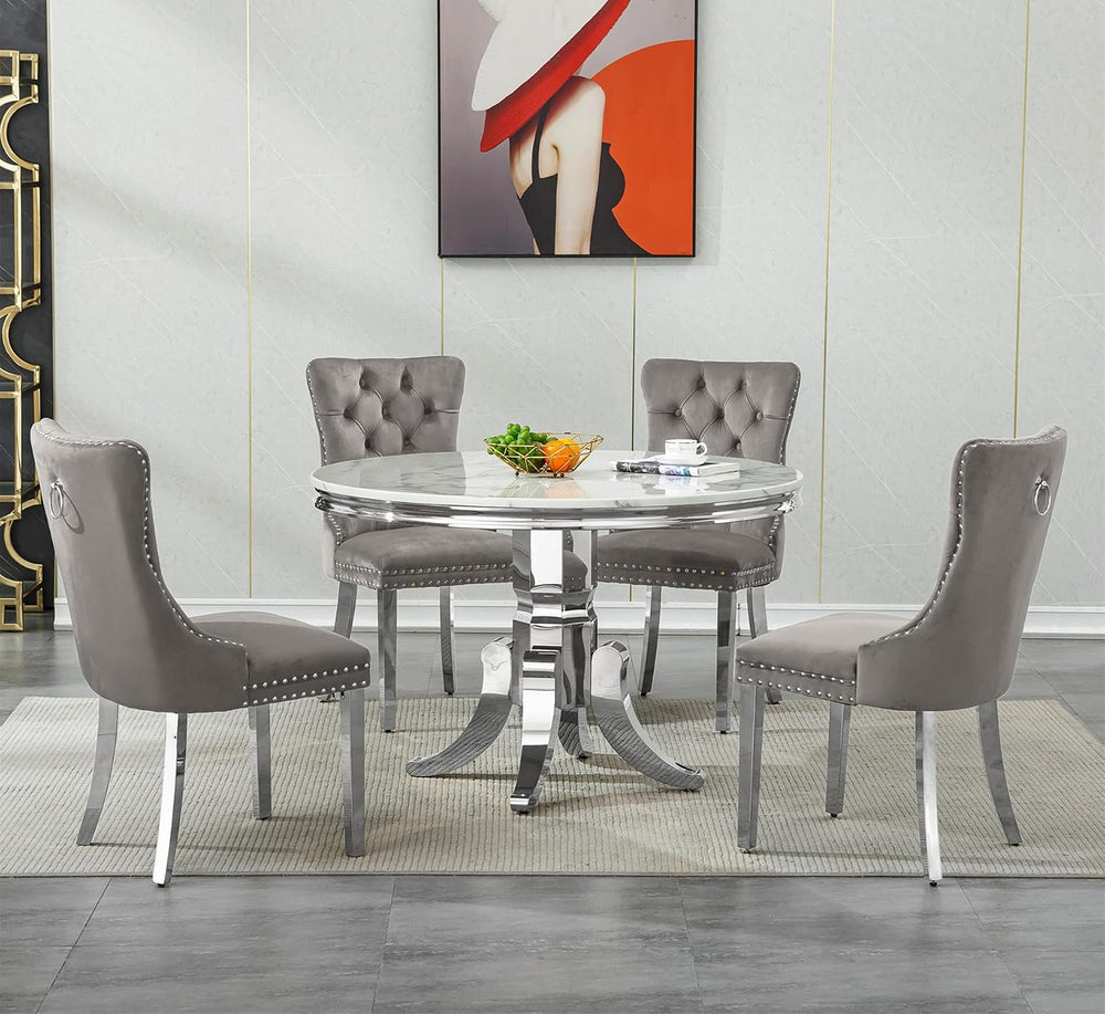 5-Piece White Marble Round Dining Table Set for 4, Modern Faux Marble Kitchen...