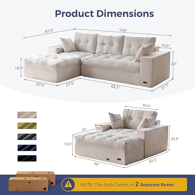 MAXYOYO Sectional Sofa Couch and Chaise Lounge, L Shaped Modern Cloud Couch with Ottoman, Comfy Sofa with Layered Cushion, Tufted Upholstered Sleeper Chair for Living Room, No Assembly Required, Beige