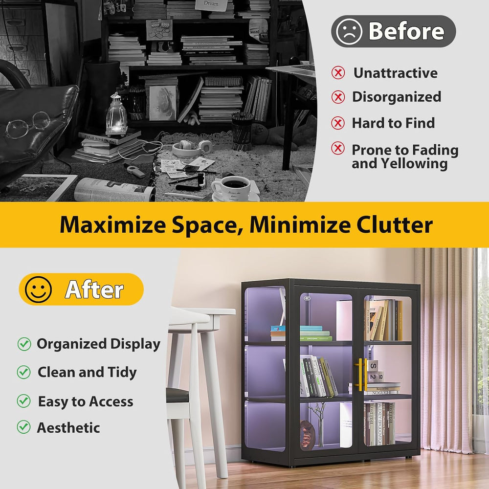 Display Cabinet with Glass Doors and Adjustable Shelves,34" Tall Bookcas...