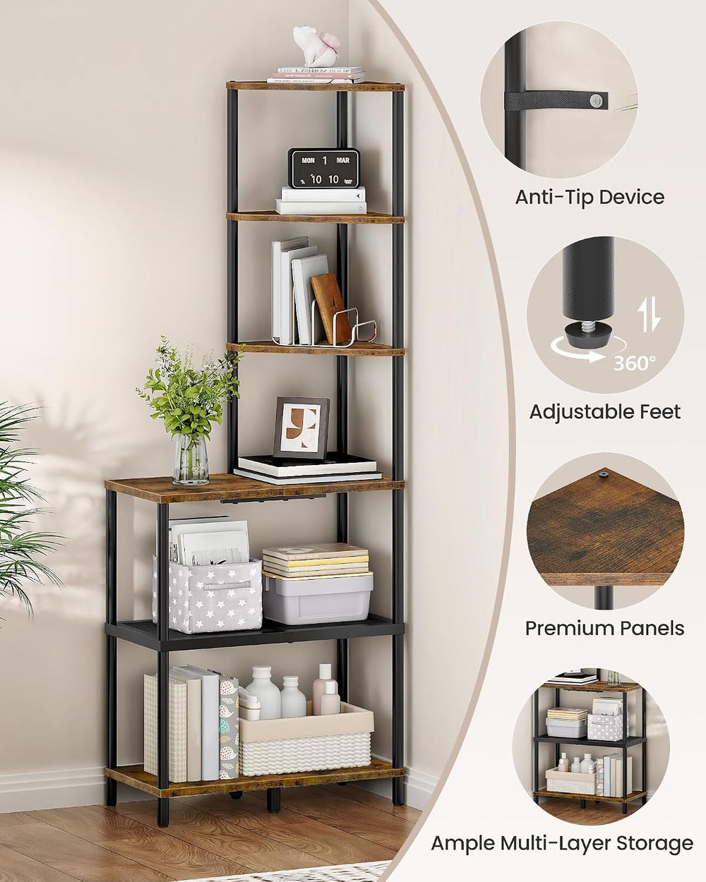 CHOEZON 6-Tier Corner Shelf, Industrial Corner Bookshelf with Desk Top, Diamo...